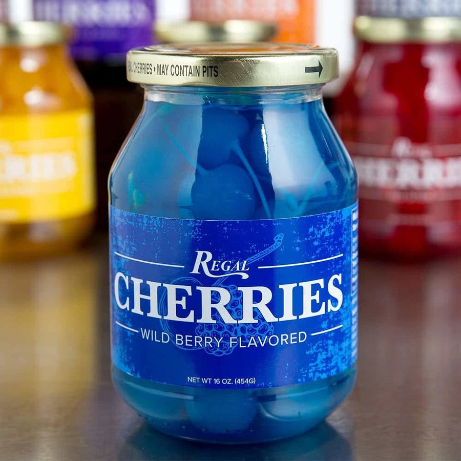 Regal 16 oz. Light Blue Maraschino Cherries with Stems