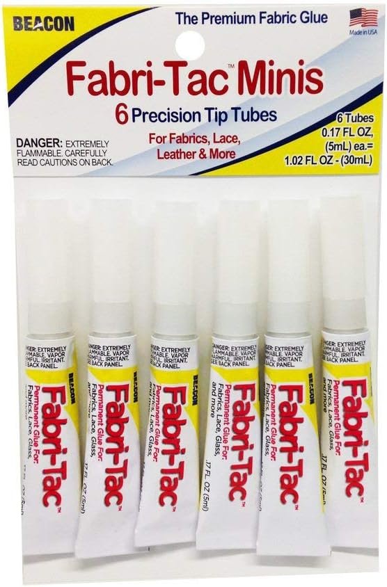 BEACON Fabri-Tac Premium Fabric Glue - Quick Drying, Crystal Clear, Permanent - for Fabrics, Canvas, Lace, Wood and More, 6 Tube Bag, 1-Pack