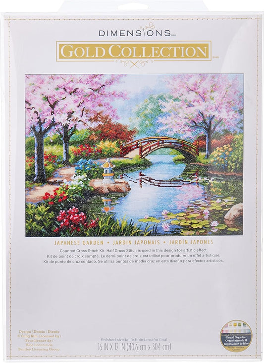 Dimensions Gold Collection Counted Cross Stitch Kit, Japanese Flower Garden, 16 Count Light Blue Aida, 12'' x 16''