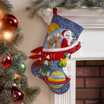 Bucilla 89237E Felt Applique Christmas Stocking Kit, Rocket Ship Santa, 18"