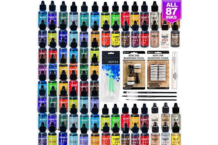 All 87 Ranger Tim Holtz Alcohol Inks with New 2020 Colors, Complete Set with Alloys, Mixatives, Pixiss Blending Tools, Mini Blending Tools and Foams, Premium Brush Set for Alcohol Ink and Mini Mister