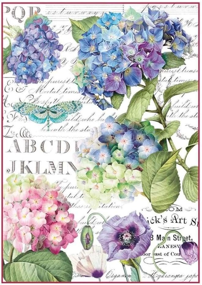 Stamperia Intl Hortensia & Dragonfly Rice Paper Sheet A4, Multicolor