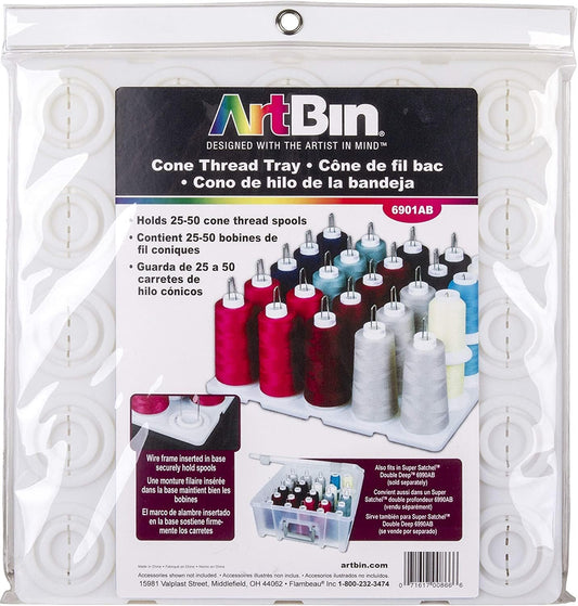 ArtBin 6901AB Cone Thread Tray, Sewing & Embroidery Serger Cone Thread Spool Assortment Organizer, Super Satchel System Accessory, Up To 25 Traditional Spools or Up To 50 Mini Spools, White