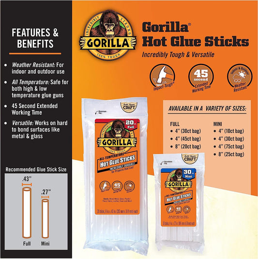 Gorilla Hot Glue Sticks, Mini Size, 4" Long x .27" Diameter, 30 Count, Clear, (Pack of 1)