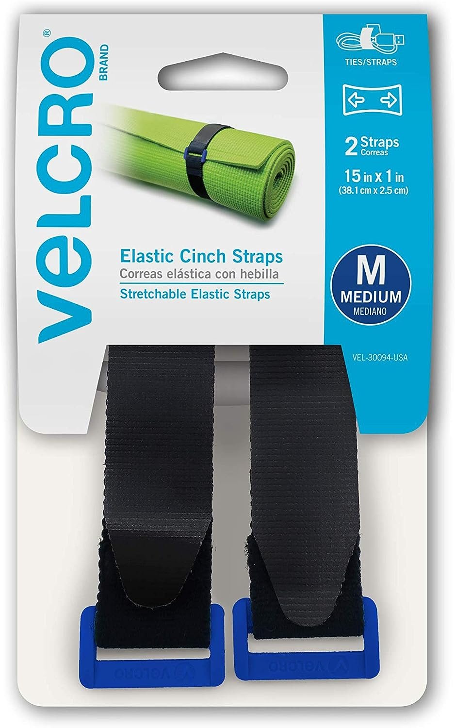 VELCRO Brand Elastic Cinch Straps with Buckle | 15in x 1in, 2 Count | Adjustable and Stretch for Snug Fit | for Fastening Power Cords Organizing Camping Equipment, More | Black (VEL-30094-USA)