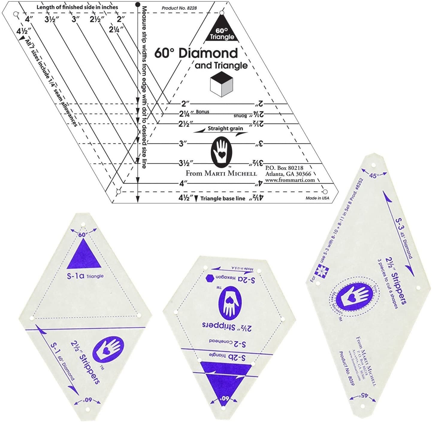 Marti Michell Quilting Templates Bundle – 2 Items: 2 ½-Inch Strippers Templates and One-Derful One Patch 60-Degree Diamond and Triangle Template