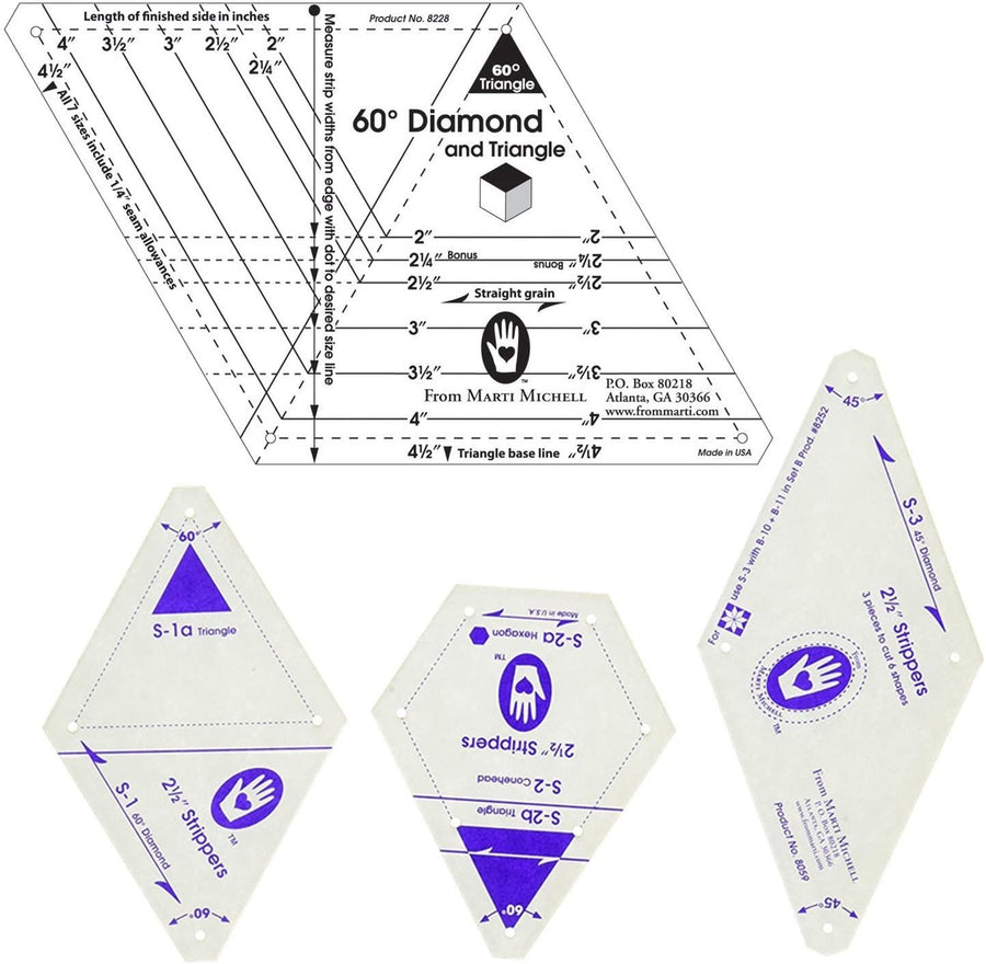 Marti Michell Quilting Templates Bundle – 2 Items: 2 ½-Inch Strippers Templates and One-Derful One Patch 60-Degree Diamond and Triangle Template