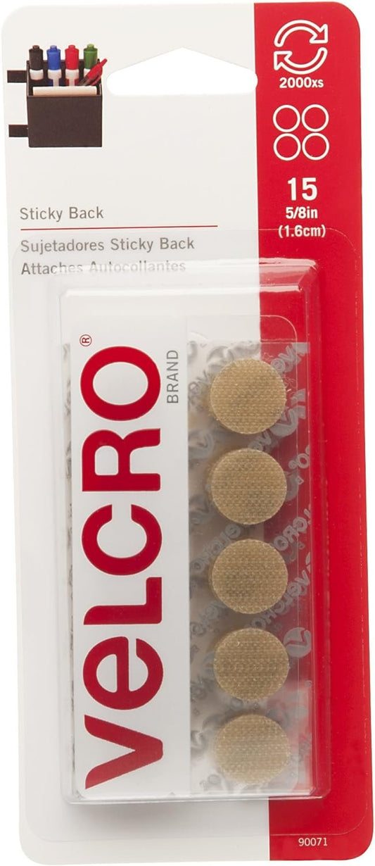 VELCRO Brand - Sticky Back Hook and Loop Fasteners | Perfect for Home or Office | 5/8in Coins | Pack of 15 | Beige