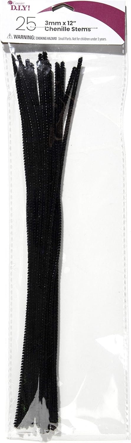 Cousin DIY Black Chenille Stem Pipe Cleaners, 3mm x 12 inch, 25 Pack