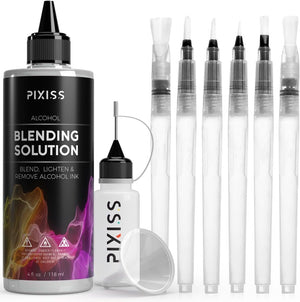 Alcohol Ink Blending Solution - Pixiss Blending Solution 4-Ounce, Alcohol Ink Supplies 6 Pixiss Blending Brush Pens…