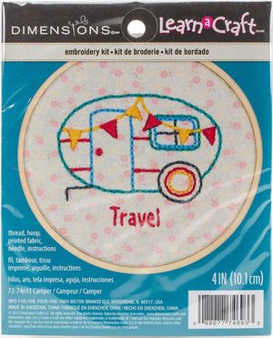 Dimensions Mini Counted Cross Stitch Kit for Beginners, 'Happy Camper', 14 Count White Aida Cloth, 4'', 10cm