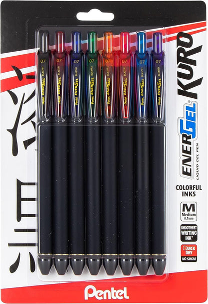 Pentel EnerGel Kuro Liquid Gel Pen, (0.7mm) Medium line, Assorted Ink, 8 Pack (BL437R1BP8M)