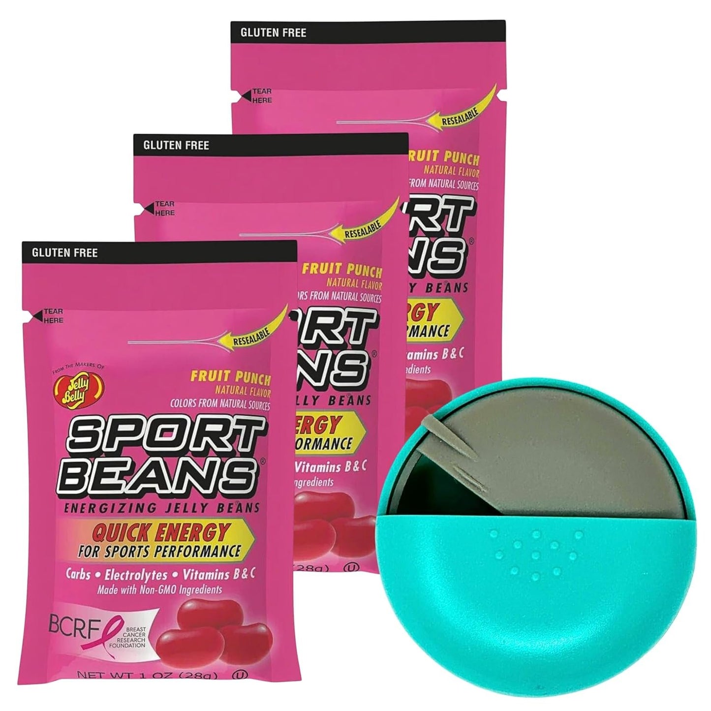 Jelly Belly Sports Beans Berry Flavor (3 pack of 1oz bags) with Mini Candy Dispenser (7.5cm x 2.5cm) - Energy Jelly Beans for Sports and Small Travel Case for Athletes, Runners, Travel, Desktop, etc