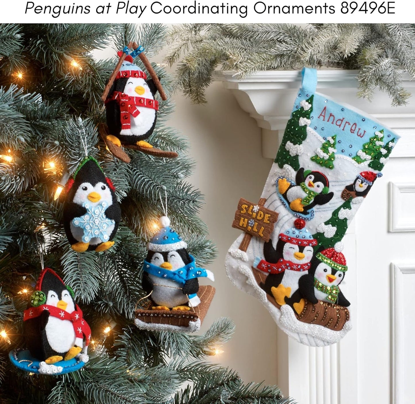 Bucilla Felt Applique Stocking Kit, Penguins at Play 18" Felt Applique Stocking Making Kit, Perfect for DIY Needlepoint Arts and Crafts, 89481E , White