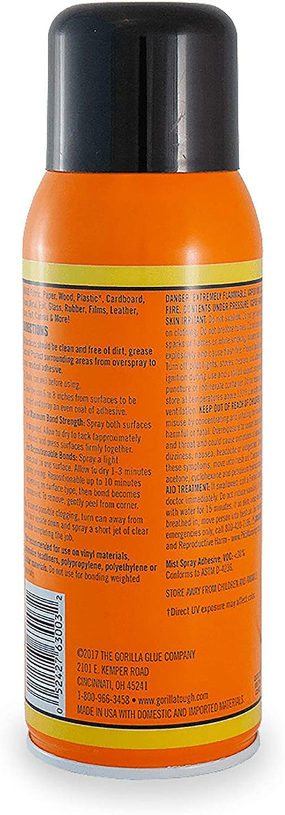 Gorilla Heavy Duty Spray Adhesive, Multipurpose and Repositionable, 11 ounce, Clear, (Pack of 2)