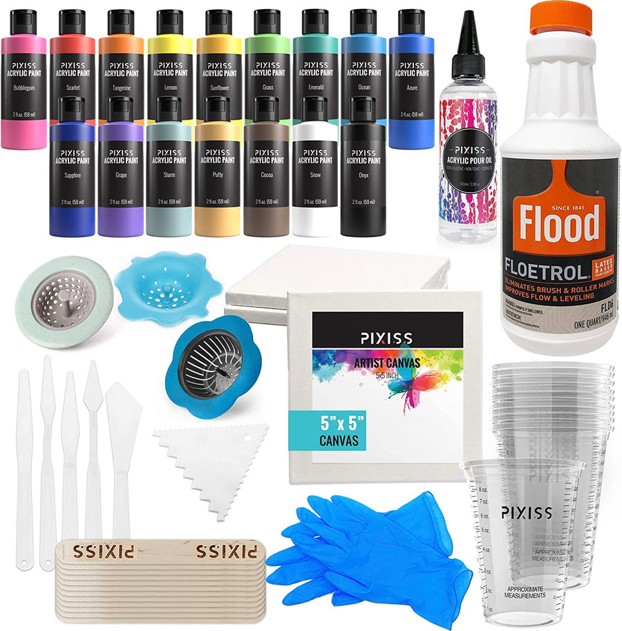 Pixiss 16 Colors Acrylic Pour Paint Kit, Premixed High Flow Pouring Supplies Set Including Canvas, Wood Mixing Sticks, Pouring Oil, Tools, Gloves, Strainer, Cups for Beginner DIY Painting.