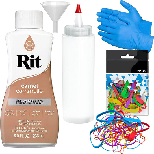 Rit Dye Liquid Camel All-Purpose Dye 8oz, Pixiss Tie Dye Accessories Bundle with Rubber Bands, Gloves, Funnel and Squeeze Bottle