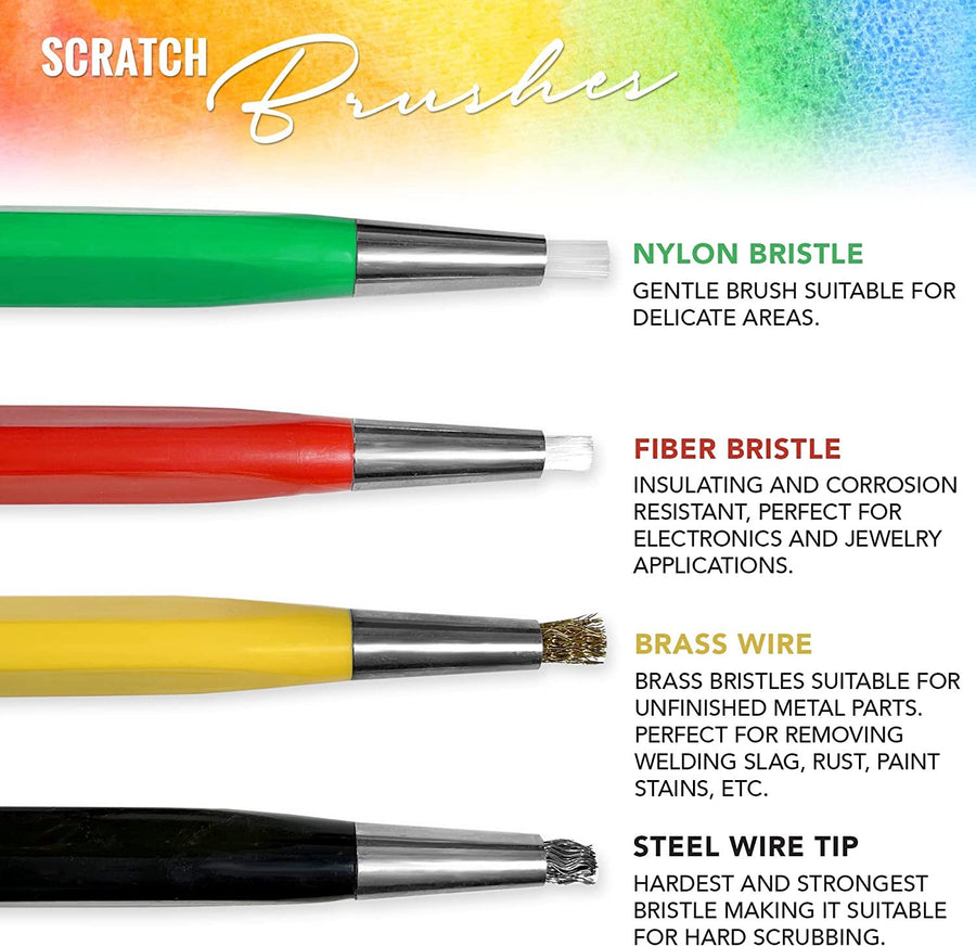 Pixiss Scratch Brush Pen Set, Fiberglass, Steel, Brass, Nylon, 5-inches Pen Style Prep Sanding Brush 4-Pack for Removing Corrosion and Rust, Jewelry, Electrical Circuit Boards and Auto Body Work