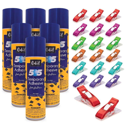 Odif's 505 Spray Baste for Quilting (6pack, 7.22 oz) with Pixiss Small Clothes Pin (25 Pack) for Machine Embroidery Supplies - Repositionable Adhesive Spray Glue for Fabric, Quilters, and More