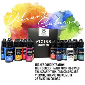 Pixiss Alcohol Ink Set - 25 Large Highly Saturated Colors (15ml/.5oz) Alcohol-Based Inks for Resin Petri Dishes, Alcohol Ink Paper, Tumblers, Coasters, Resin Dye