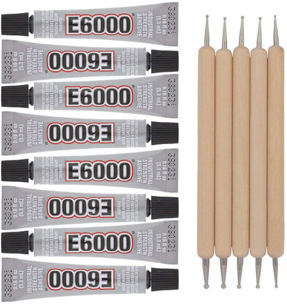 E6000 8-Pack 0.18 Ounce Bottles Industrial Strength Adhesive for Crafting and Pixiss Wooden Art Dotting Stylus Pens 5 pcs Set - Rhinestone Applicator Application Kit