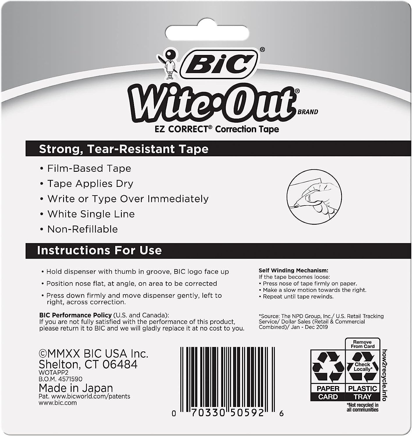 BIC Wite-Out Brand EZ Correct Correction Tape, 39.3 Feet, 2-Count Pack of white Correction Tape, Fast, Clean and Easy to Use Tear-Resistant Tape Office or School Supplies
