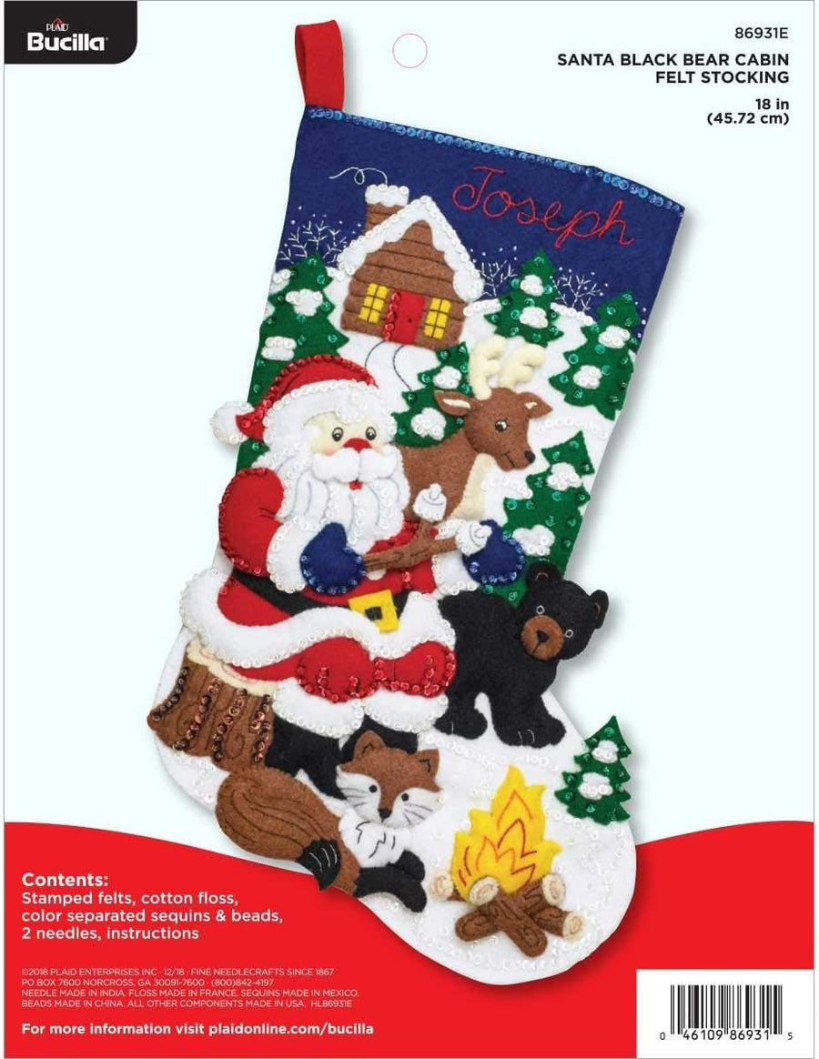 Bucilla Felt Stocking Applique Kit, 18", Santa Black Bear Cabin