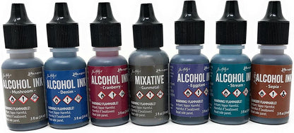 Alcohol Ink Set 7 Bottle Collection of Ranger Tim Holtz Alcohol Inks for Paper, Resin Epoxy Tinting, Petri Dish Making, 15ml/0.5-Ounce Alcohol Based Ink Each, Vibrant Colors and Metallic Mixitives