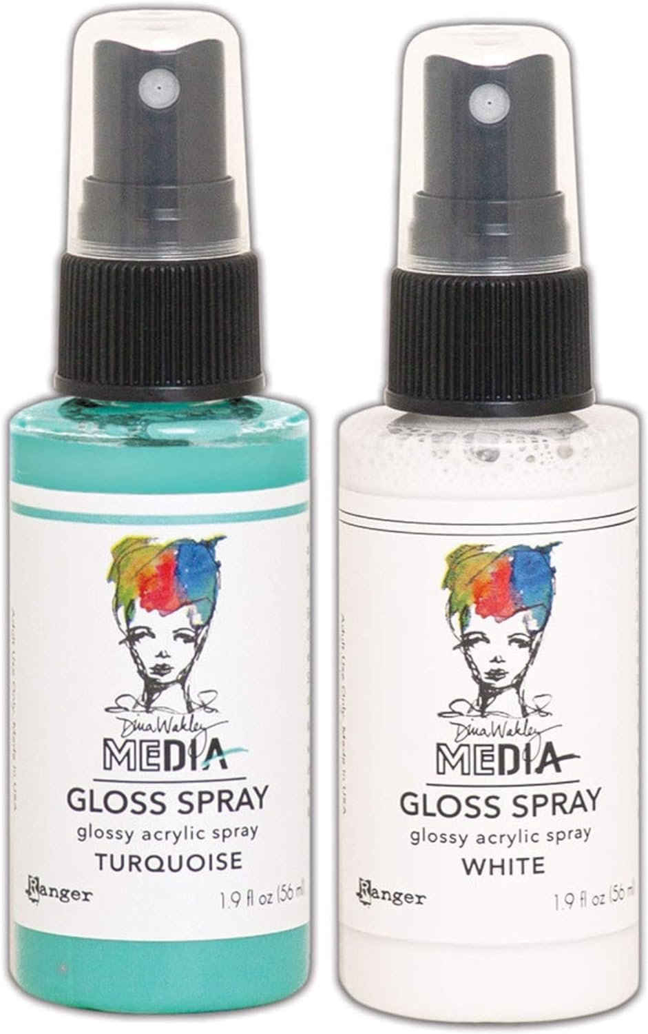 Dina Wakley MEdia Gloss Sprays by Ranger - Magenta, Cheddar, Lemon, Lime, Olive, Turquoise, Ocean, Marine, Night, Fuchsia, Eggplant, White, Bundle of 12 (1.9 Fl oz) Spray Bottles