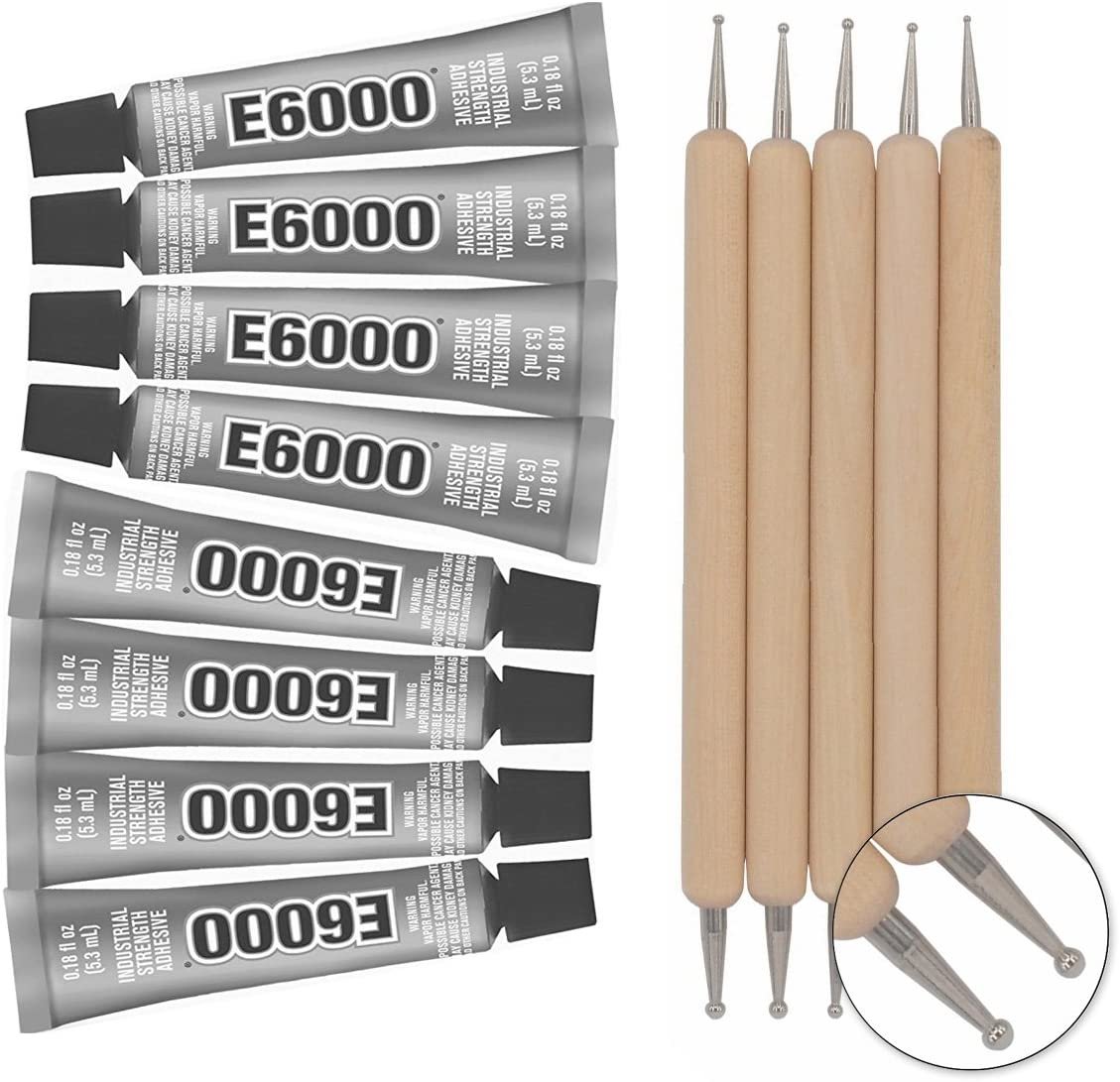 E6000 8-Pack 0.18 Ounce Bottles Industrial Strength Adhesive for Crafting and Pixiss Wooden Art Dotting Stylus Pens 5 pcs Set - Rhinestone Applicator Application Kit