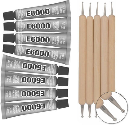E6000 8-Pack 0.18 Ounce Bottles Industrial Strength Adhesive for Crafting and Pixiss Wooden Art Dotting Stylus Pens 5 pcs Set - Rhinestone Applicator Application Kit