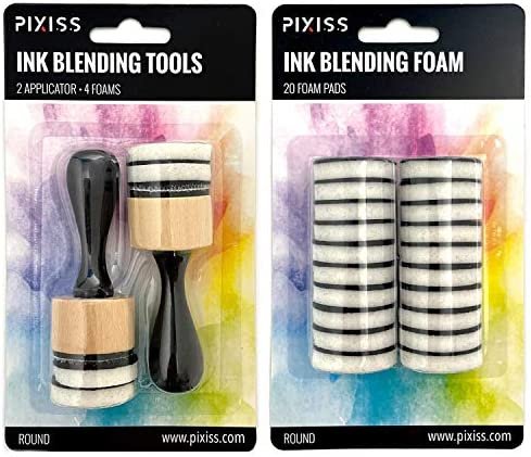Pixiss Mini Ink Blending Tools with 24 Foam Pads, Ink Pads in 15 Colors for Rubber Stamps, Distressing, Scrapbooking, Wood and Fabric
