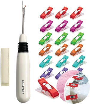 Clover Seam Ripper and Thread Remover - Tool for Sewing, Stitching, Quilting, and Embroidery Removal - Includes 20 Heavy Duty Plastic Clothes Pins, Fabric Clips for Hanging Clothes, Crafting Projects