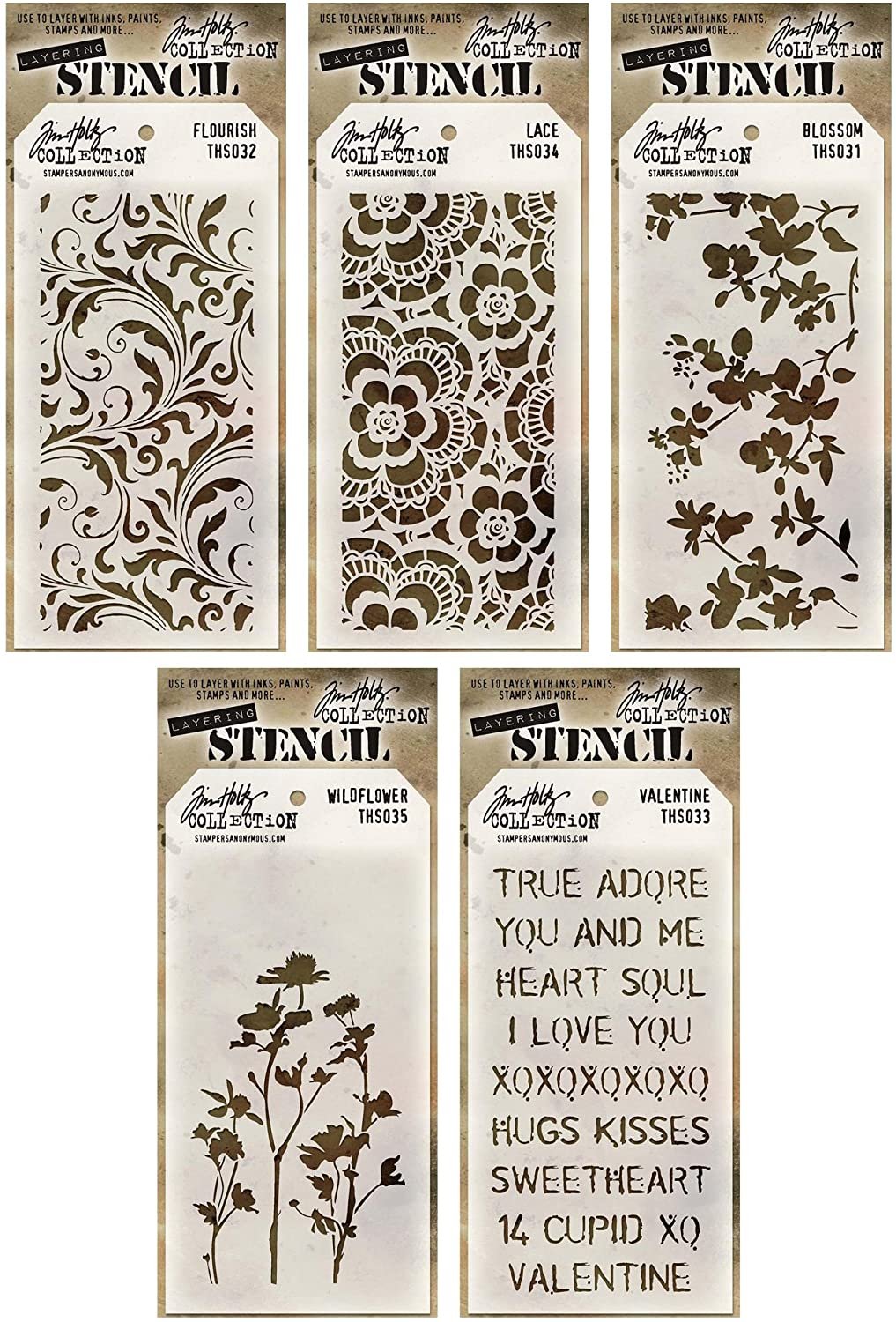 Tim Holtz - Stencils Set 1 - Five Item Bundle - Blossom, Flourish, Lace, Wildflower, and Valentine