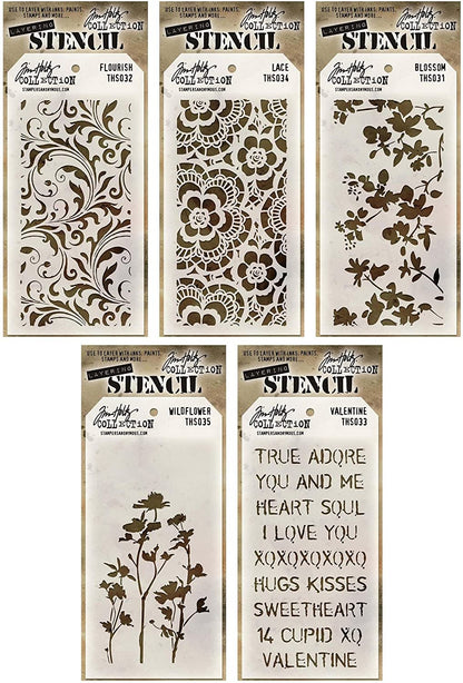 Tim Holtz - Stencils Set 1 - Five Item Bundle - Blossom, Flourish, Lace, Wildflower, and Valentine