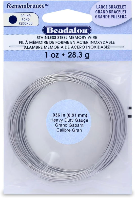 Beadalon Remembrance Stainless Steel Memory Wire, Heavy Duty Round, Bracelet, Large, Bright, 1 oz, Approx. 30 coils