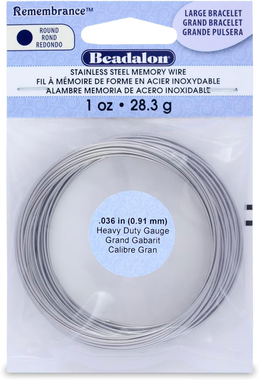 Beadalon Remembrance Stainless Steel Memory Wire, Heavy Duty Round, Bracelet, Large, Bright, 1 oz, Approx. 30 coils