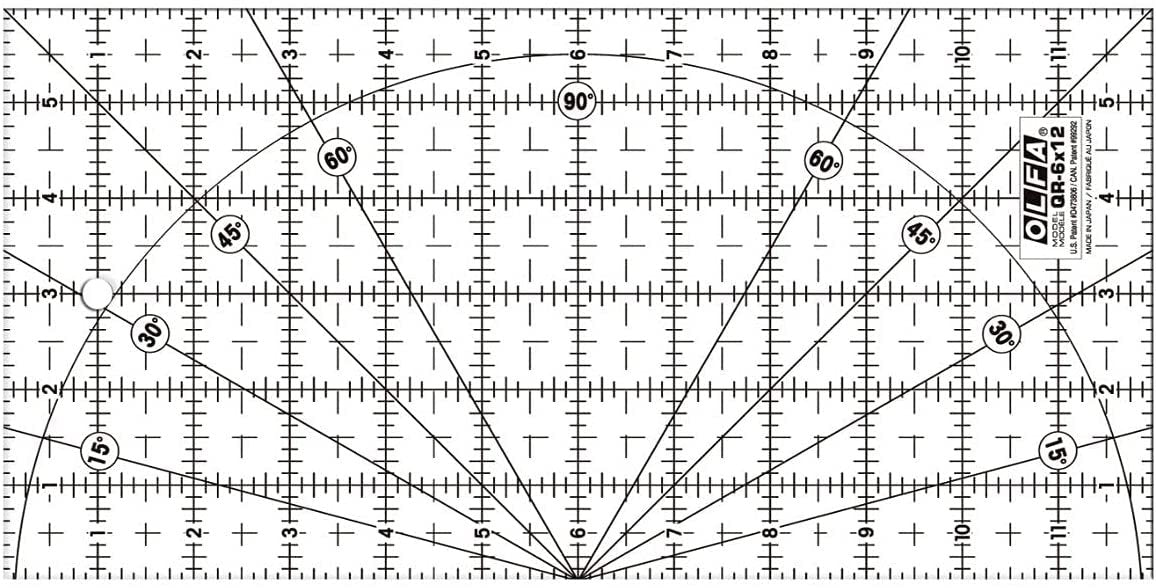 OLFA 6" x 12" Frosted Advantage Acrylic Ruler (QR-6x12) - Non Slip 6x12 Inch Acrylic Ruler with Grid & Angle Markings for Quilting, Sewing, Cutting Fabric, & Crafts