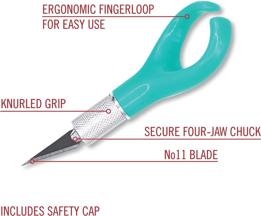 Excel Blades K71 Fingertip Craft Knife - 7 Inch Ergonomic Hobby Knife With Finger Loop - Crafting Supplies - Scrapbooking Knife and Cutting Tool For Precision Cutting and Trimming - Green Teal