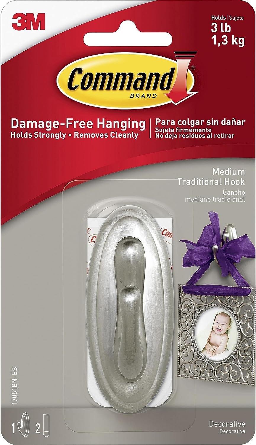 Command Medium Traditional Plastic Hook, Brushed Nickel, 1-Hook, 2-Strips, Decorate Damage-Free