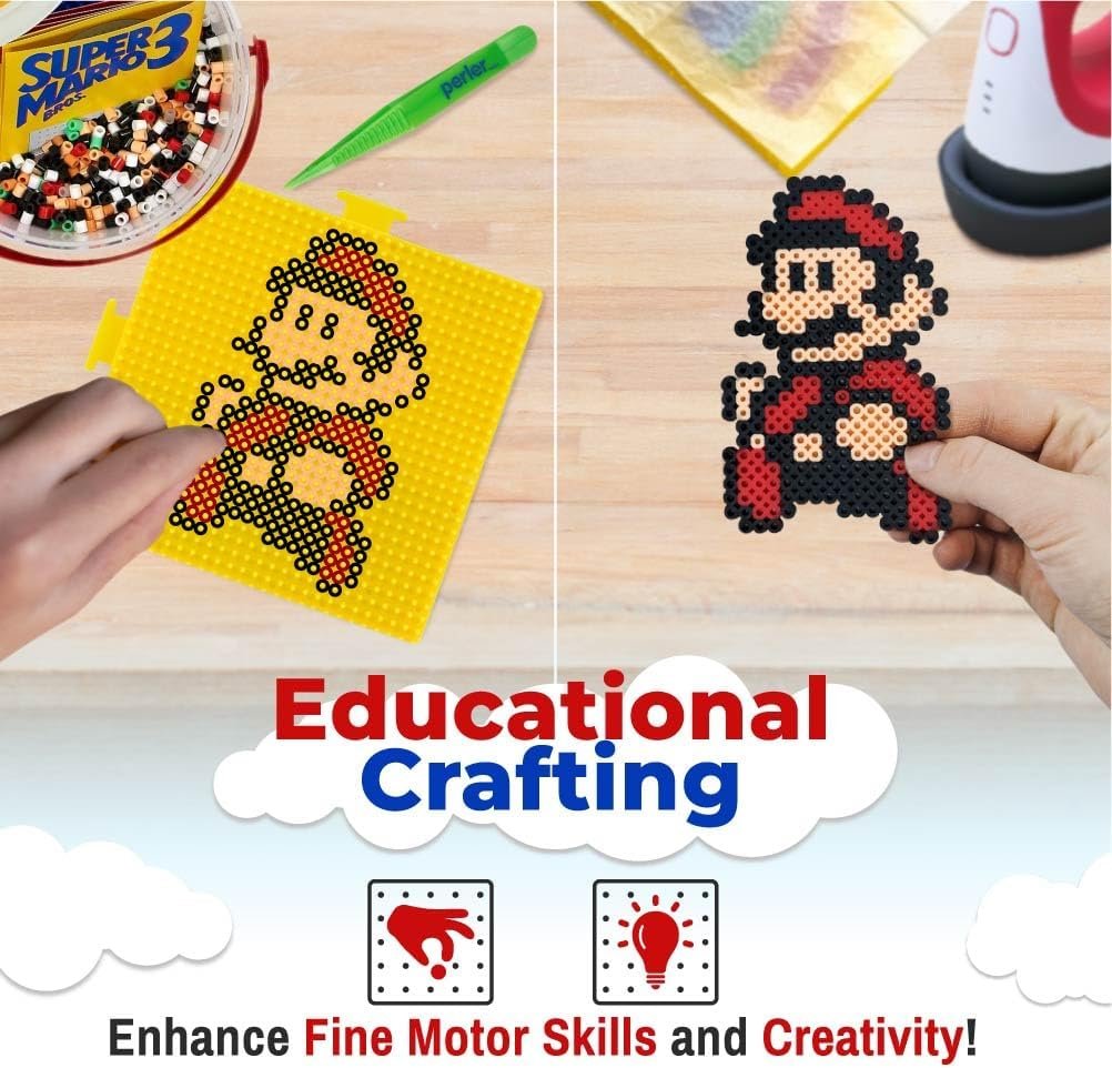 Super Mario Bros Perler Beads Set with Perler Bead Pegboard (x3), Perler Tweezers (x2) and Ironing Paper Fuse Bead Kit for Mini Beads Pixel Art