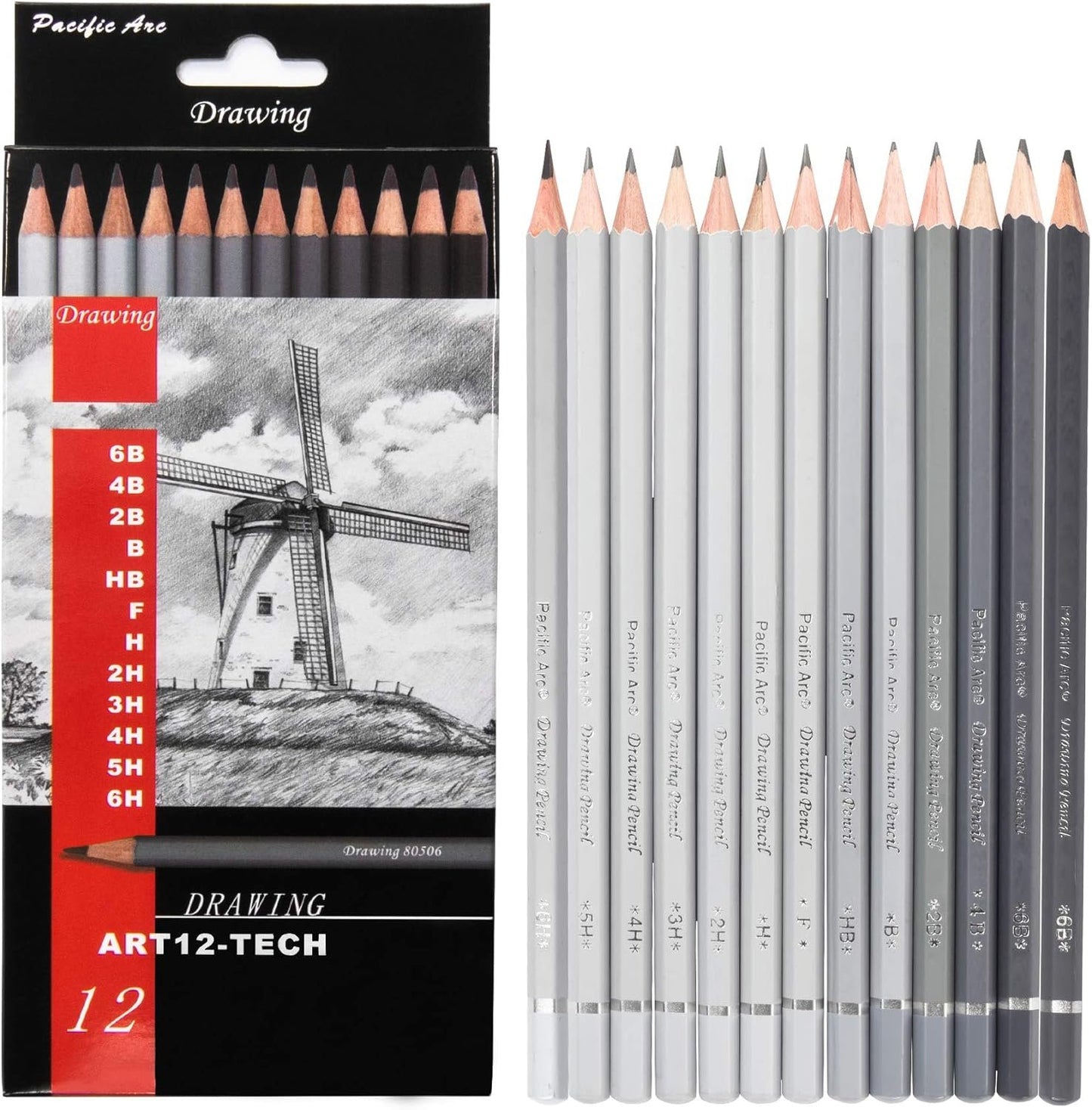 Pacific Arc Premium Graphite Drawing Pencils for Artists, Tech Pack - Professional Pencils for Drawing, Drafting, Sketching and Shading 12 Pk. - Great Non Toxic Art Supplies Set for Adults and Kids