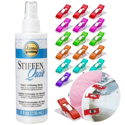 Stiffen Quick Fabric Stiffener - 8oz Stiffen Quik Fabric and Hat Stiffener, Plus 25 Sewing Fabric Clips