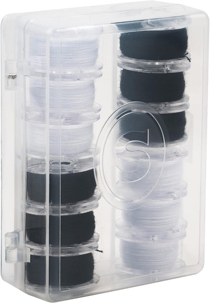 SINGER Class 15J Threaded Bobbins in Case, 12-Count, Black & White