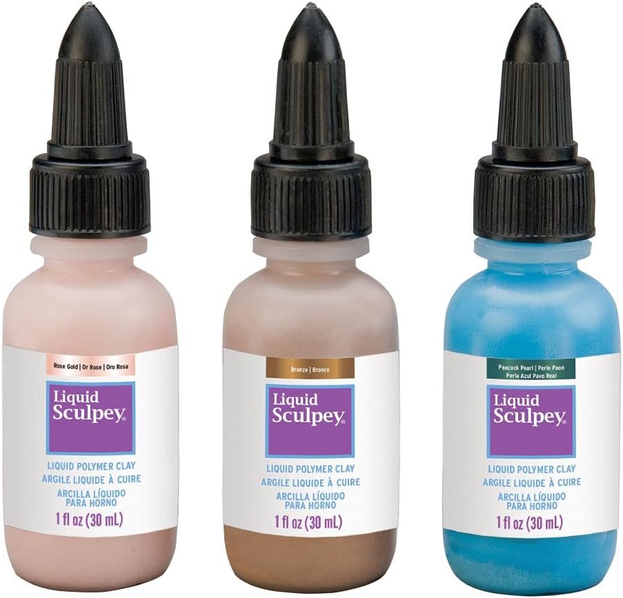 Liquid Sculpey Liquid Polymer Oven-Bake Clay, Glam Metallic Sampler Pack, Three 1 oz. bottles included, Rose Gold, Peacock Pearl and Bronze, Great for jewelry, DIY, mixed media and more!