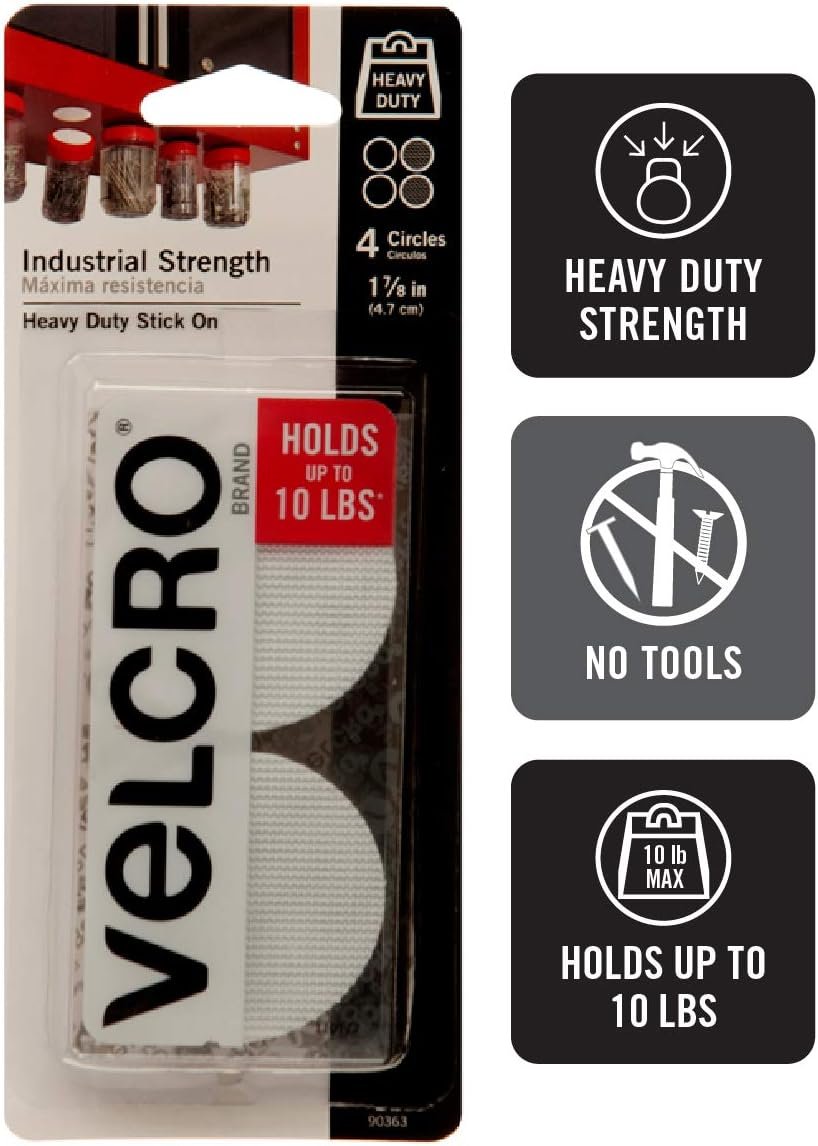 VELCRO Brand 90363 Industrial Fasteners Stick-On Adhesive | Professional Grade Heavy Duty Strength | Indoor Outdoor Use, 1 7/8in, Circles 4 Sets