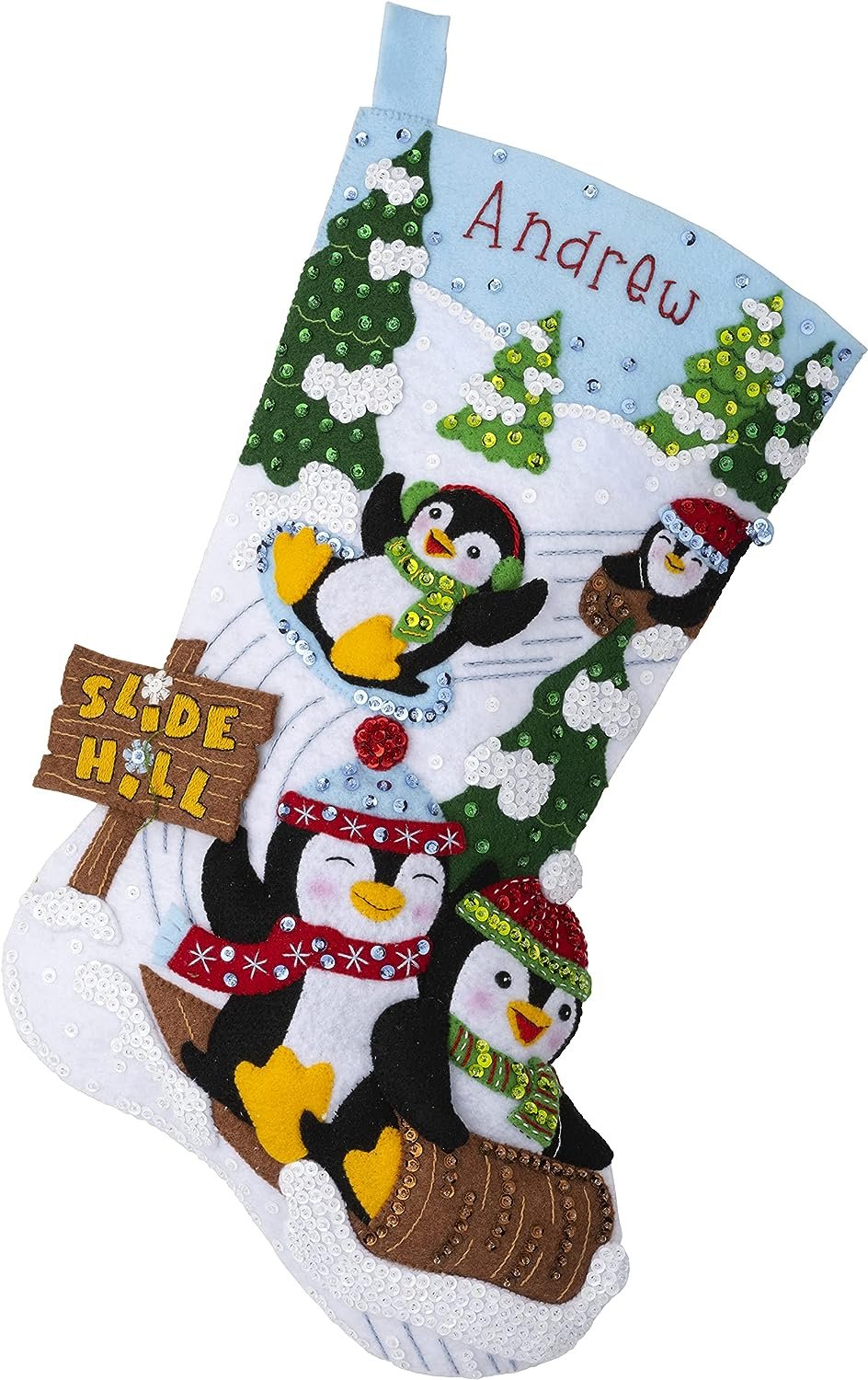 Bucilla Felt Applique Stocking Kit, Penguins at Play 18" Felt Applique Stocking Making Kit, Perfect for DIY Needlepoint Arts and Crafts, 89481E , White