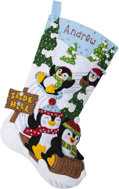 Bucilla Felt Applique Stocking Kit, Penguins at Play 18" Felt Applique Stocking Making Kit, Perfect for DIY Needlepoint Arts and Crafts, 89481E , White