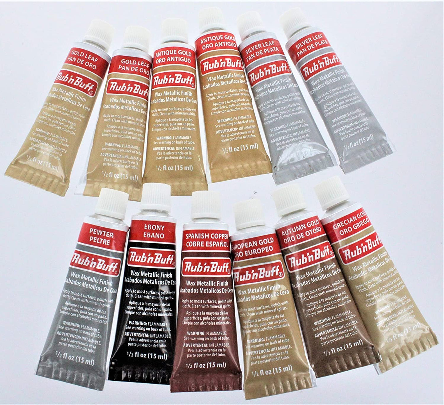 Amaco Rub 'N Buff Wax Metallic Finish, 12 Tube (9 Color) Assortment (Gold Leaf, Antique Gold, Grecian Gold, Ebony, Silver Leaf, Spanish Copper, Autumn Gold, European Gold, Pewter)