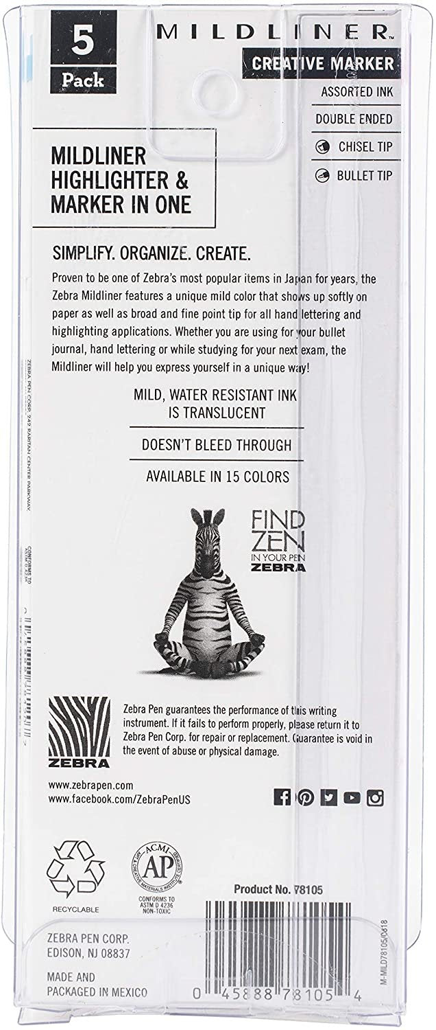 Zebra Pen Mildliner Double Ended Highlighter Set Broad and Fine Point Tips, 5 Pack